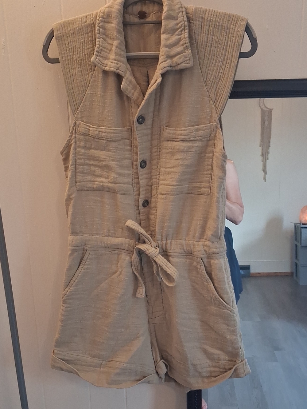 FP Sage Green Cotton Lightweight Romper Shortsie Jumpsuit with Drawstring Waist